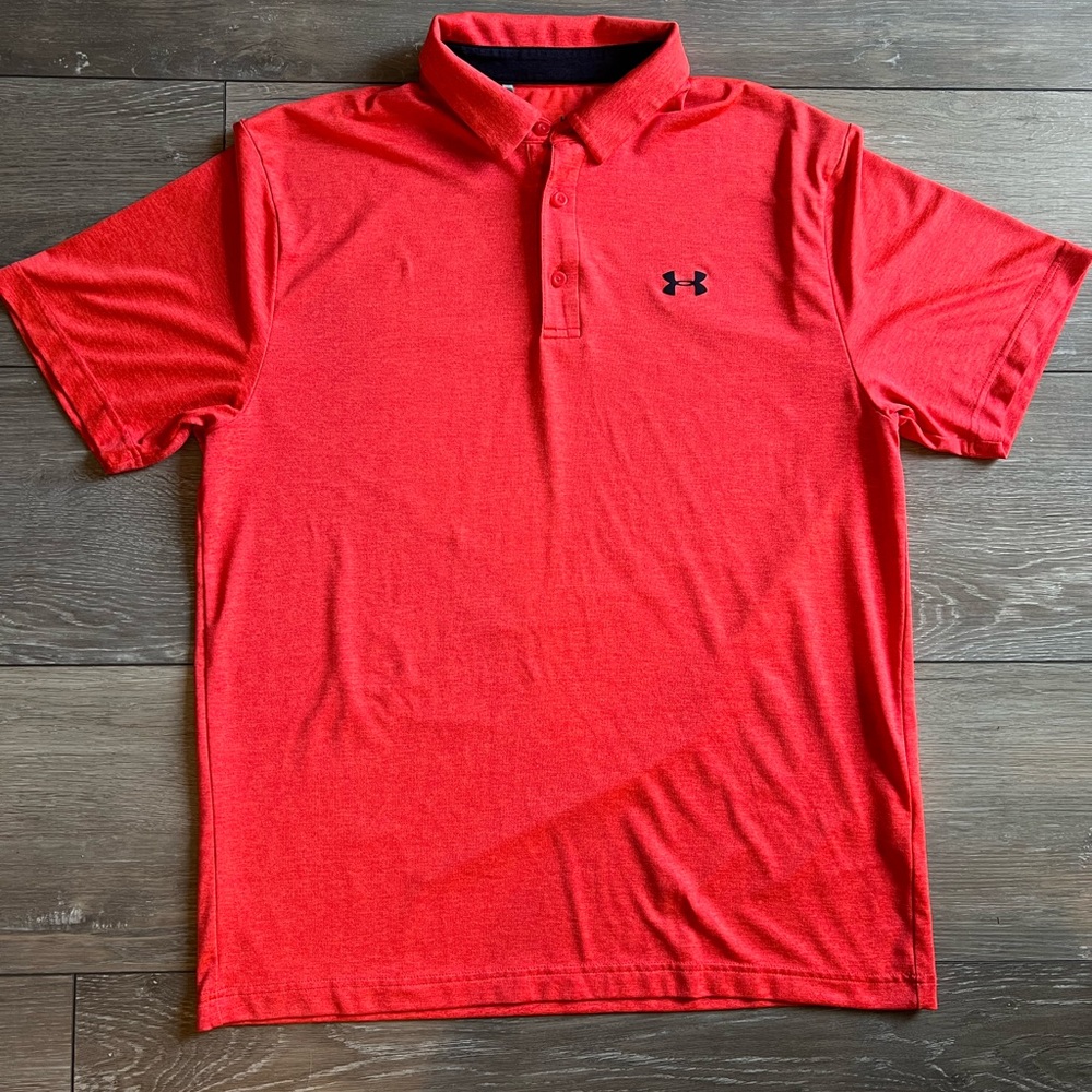 Under Armour polo, fluorescent red/orange, large, no snags - Picture 1 of 3